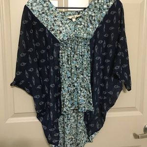 Flowy blouse with peacock feather and color burst!